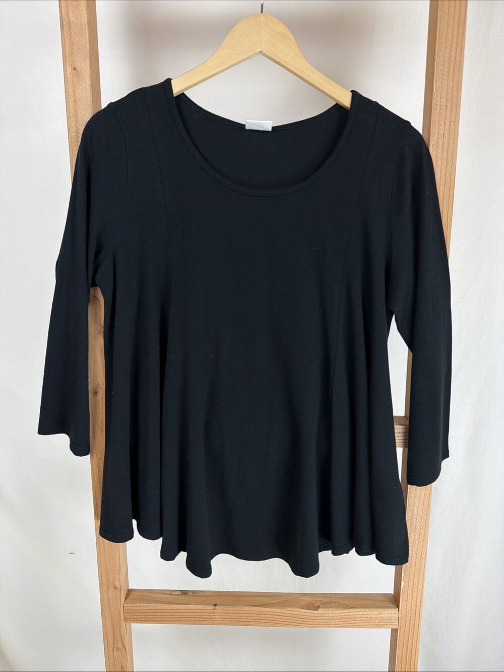NWT ET Lois Black Round Neck 3/4 Sleeve Swing Top #0976 Size SMALL